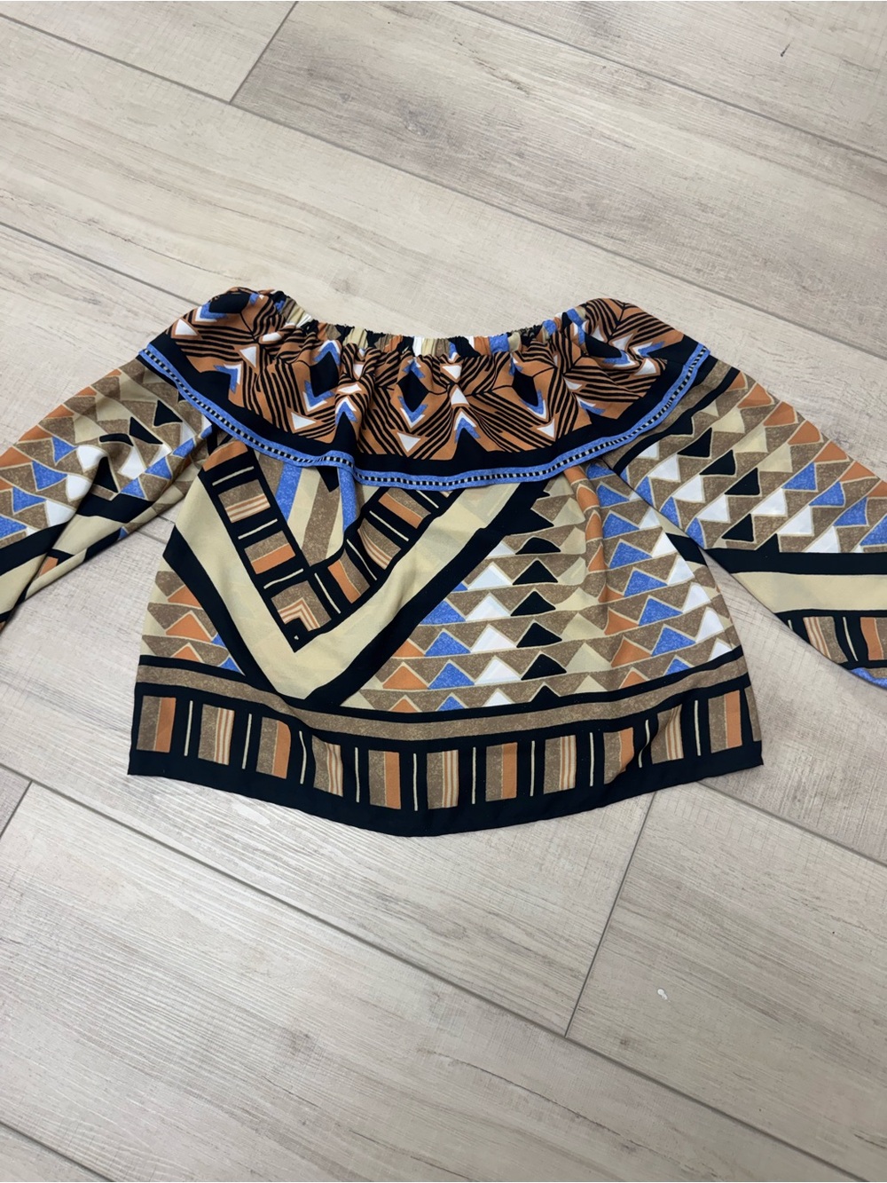 H&M Off-Shoulder Geometric Tunic in Tan, Blue & Black